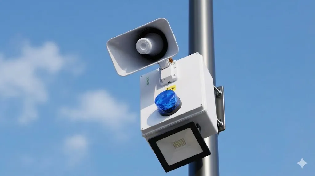 Alarma vecinal instalada en un poste con sirena, baliza azul y reflector